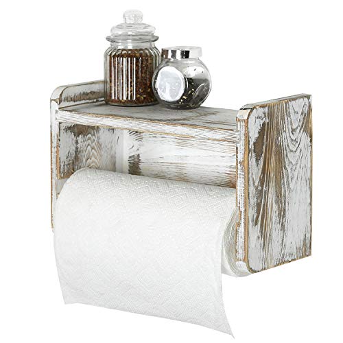 MyGift Paper Towel Roll Holder, Shabby Whitewashed Wood Farmhouse Wall Mounted Kitchen Napkin Dispenser Rack with Top Storage Shelf Spice Racks