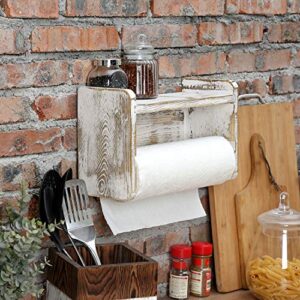 MyGift Paper Towel Roll Holder, Shabby Whitewashed Wood Farmhouse Wall Mounted Kitchen Napkin Dispenser Rack with Top Storage Shelf Spice Racks