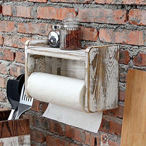 MyGift Paper Towel Roll Holder, Shabby Whitewashed Wood Farmhouse Wall Mounted Kitchen Napkin Dispenser Rack with Top Storage Shelf Spice Racks