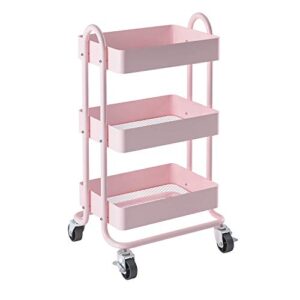 MIOCASA 3-Tier Metal Utility Rolling Cart, Heavy Duty Multifunction Cart with Lockable Casters, Easy to Assemble, Suitable for Office, Bathroom, Kitchen, Garden (Pink)