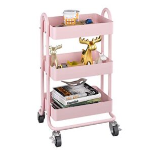 miocasa 3-tier metal utility rolling cart, heavy duty multifunction cart with lockable casters, easy to assemble, suitable for office, bathroom, kitchen, garden (pink)