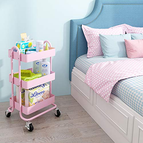 MIOCASA 3-Tier Metal Utility Rolling Cart, Heavy Duty Multifunction Cart with Lockable Casters, Easy to Assemble, Suitable for Office, Bathroom, Kitchen, Garden (Pink)