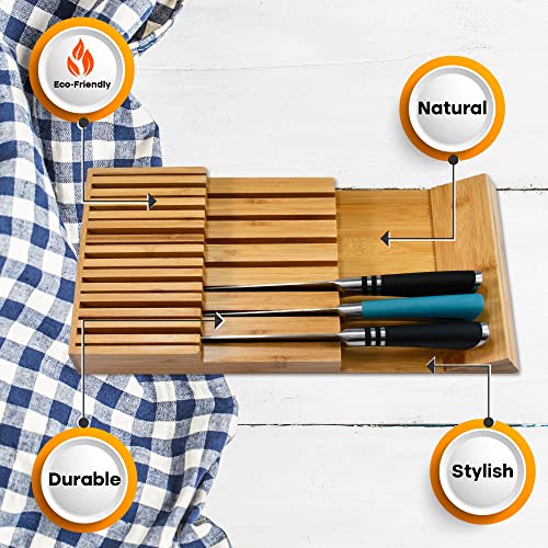 Xabono Knife Drawer Organizer Bamboo Kitchen Organizer Large Knife Block EdgeProtecting Kitchen Drawer Organizer Natural Silverware Organizer Elegant Bamboo Knife Drawer Organizer (15 Knife Organizer)