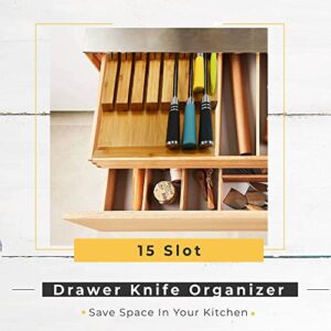 Xabono Knife Drawer Organizer Bamboo Kitchen Organizer Large Knife Block EdgeProtecting Kitchen Drawer Organizer Natural Silverware Organizer Elegant Bamboo Knife Drawer Organizer (15 Knife Organizer)