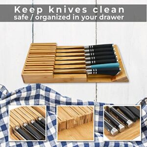 Xabono Knife Drawer Organizer Bamboo Kitchen Organizer Large Knife Block EdgeProtecting Kitchen Drawer Organizer Natural Silverware Organizer Elegant Bamboo Knife Drawer Organizer (15 Knife Organizer)