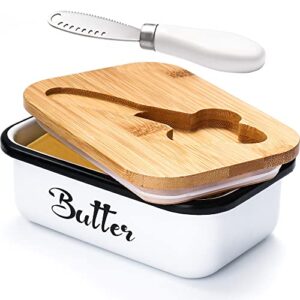 aisbugur large butter dish with lid for countertop, metal butter keeper with stainless steel multipurpose butter knife, butter container with double high-quality silicone good kitchen gift white