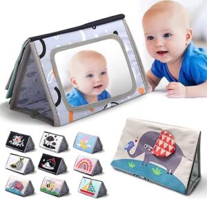 baby mirror toys for tummy time,newborn,infant 0-3-4-6-12 months old gift,boy/girl brain developmental montessori sensory crinkle black and white book.essential activity safe mirror for floor,crib,car