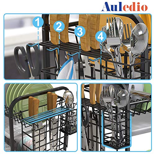 Auledio 2 Tier Dish Drying Rack with Utensil Knife Organizer Cutting Board Holder Dish Drainer Removable Drain Board,Black