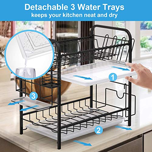 Auledio 2 Tier Dish Drying Rack with Utensil Knife Organizer Cutting Board Holder Dish Drainer Removable Drain Board,Black