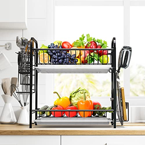 Auledio 2 Tier Dish Drying Rack with Utensil Knife Organizer Cutting Board Holder Dish Drainer Removable Drain Board,Black