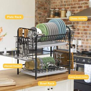 Auledio 2 Tier Dish Drying Rack with Utensil Knife Organizer Cutting Board Holder Dish Drainer Removable Drain Board,Black