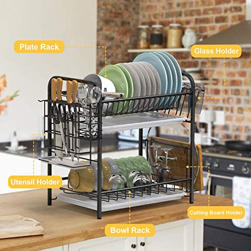 Auledio 2 Tier Dish Drying Rack with Utensil Knife Organizer Cutting Board Holder Dish Drainer Removable Drain Board,Black