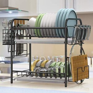 Auledio 2 Tier Dish Drying Rack with Utensil Knife Organizer Cutting Board Holder Dish Drainer Removable Drain Board,Black