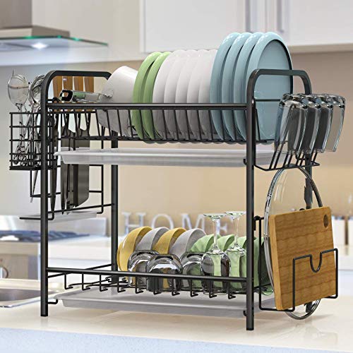 Auledio 2 Tier Dish Drying Rack with Utensil Knife Organizer Cutting Board Holder Dish Drainer Removable Drain Board,Black