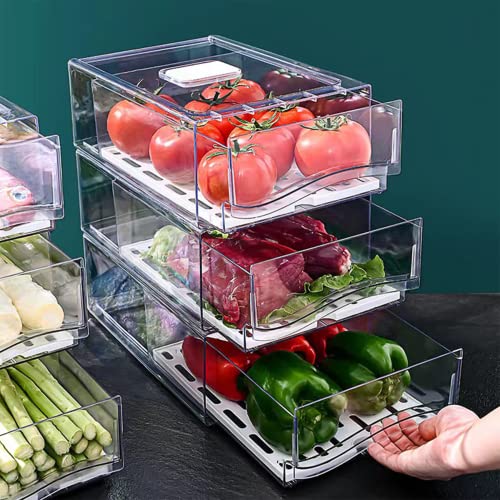 Diskary Fridge Organizer, Stackable Refrigerator Organizer Bins, Reusable Food Storage Containers, Fridge Drawer Organizer in Home Kitchen, Barbecue Shop, Restaurant, BPA-Free (2 Drawers, Large)