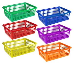 zilpoo 6 pack – plastic colored storage baskets, paper, office supplies, toys and teacher student classroom organization bins, 15″ x 10″, colorful