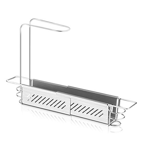 SUBEKYU Telescopic Sink Storage Rack Holder, Expandable Sink Caddy Kitchen Sink Organizer Sponge Holder, 304 Stainless Steel, Length 14.5--20 inches