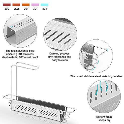 SUBEKYU Telescopic Sink Storage Rack Holder, Expandable Sink Caddy Kitchen Sink Organizer Sponge Holder, 304 Stainless Steel, Length 14.5--20 inches