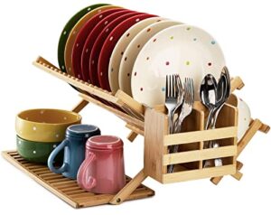 lawei bamboo dish drying rack with utensil holder – 3 tier bamboo dish rack large collapsible dish drainer rack for kitchen plates, cups, mugs, utensil, flatwares