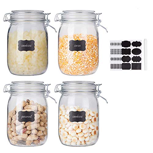 Glass Kitchen Storage Canister Mason Jars with Lids,32oz Airtight Glass Canister with Hinged Lid，Perfect for Kitchen Canning Cereal,Pasta,Sugar,Beans (Labels & Chalk Marker)-Set of 4