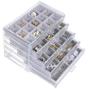 misaya earring jewelry organizer with 5 drawers, birthday and christmas gift, clear acrylic jewelry box for women, velvet earring display holder for earrings ring bracelet necklace, gray