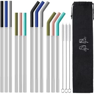12-pcs reusable metal straws with silicone tips, stainless steel drinking straws with 3 cleaning brushes & 1 portable bag- perfect for 30 oz and 20 oz tumblers