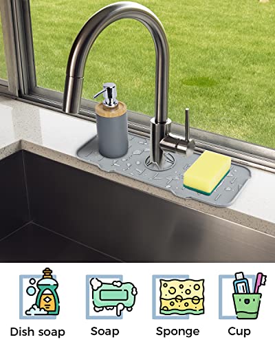 Kitchen Sink Splash Guard - Silicone Faucet Handle Drip Catcher Tray, Dish Soap Dispenser and Sponge Holder Mat Behind Faucet, Kitchen Guard Gadgets Sink Accessories for Kitchen Counter and Bathroom