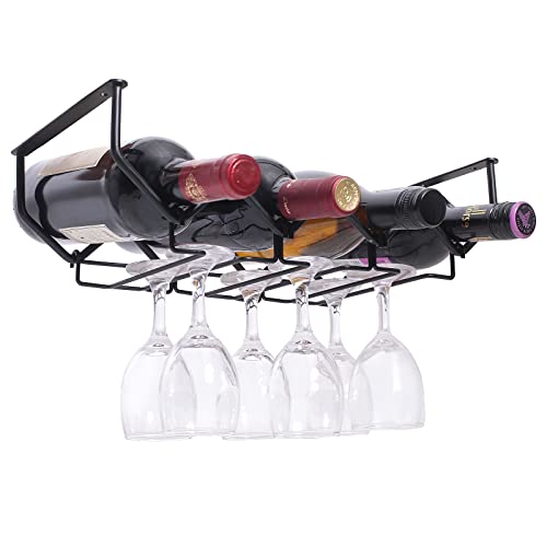 Wine Glass Rack Under Cabinet Stemware Rack and Wine Bottle Holder Kitchen Storage with 4 Bottle Organizer and 6 Glass Holder (1 Set, Matte Black)