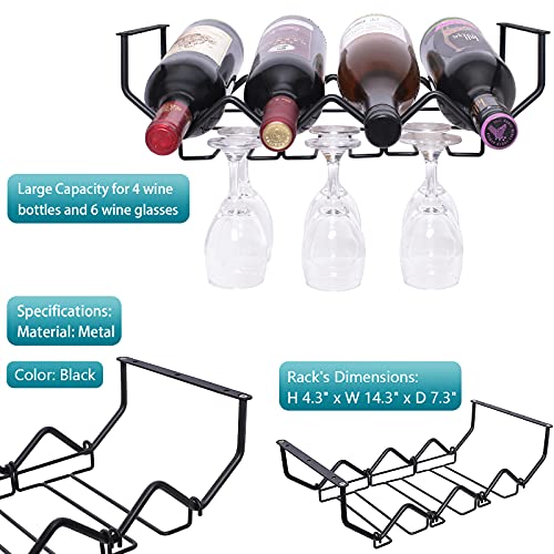 Wine Glass Rack Under Cabinet Stemware Rack and Wine Bottle Holder Kitchen Storage with 4 Bottle Organizer and 6 Glass Holder (1 Set, Matte Black)