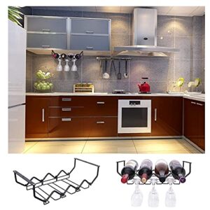 Wine Glass Rack Under Cabinet Stemware Rack and Wine Bottle Holder Kitchen Storage with 4 Bottle Organizer and 6 Glass Holder (1 Set, Matte Black)