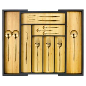 cozee bay bamboo drawer organizer, utensil holder, silverware organizer, and adjustable cutlery tray with drawer dividers, for kitchen, office desk, and bathroom storage (black)