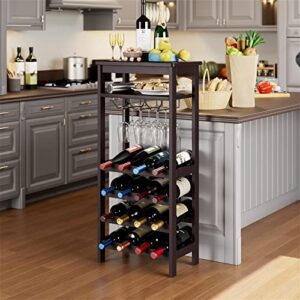 Bamboo Wine Rack, Wine Rack Freestanding Floor with Glass Holder Rack, Tabletop & 16 Bottles Holder, Wine Display Storage Stand for Kitchen, Office, Bar