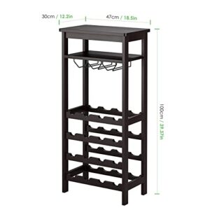 Bamboo Wine Rack, Wine Rack Freestanding Floor with Glass Holder Rack, Tabletop & 16 Bottles Holder, Wine Display Storage Stand for Kitchen, Office, Bar