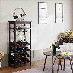 Bamboo Wine Rack, Wine Rack Freestanding Floor with Glass Holder Rack, Tabletop & 16 Bottles Holder, Wine Display Storage Stand for Kitchen, Office, Bar