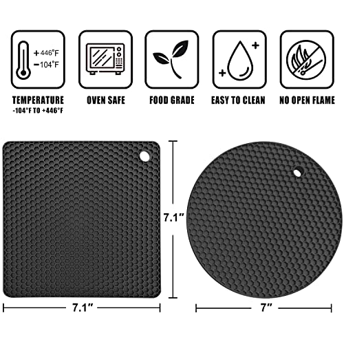 Walfos Silicone Trivet Mats - 4 Heat Resistant Pot Holders, Multipurpose Non-Slip Hot Pads for Kitchen Potholders, Hot Dishers, Jar Opener, Spoon Holder, Food Grade Silicone & BPA Free (Black)