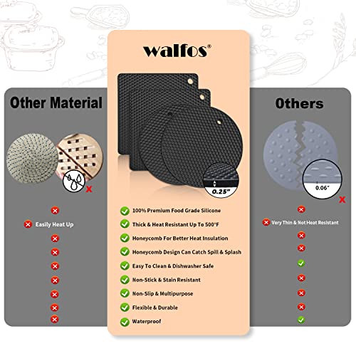 Walfos Silicone Trivet Mats - 4 Heat Resistant Pot Holders, Multipurpose Non-Slip Hot Pads for Kitchen Potholders, Hot Dishers, Jar Opener, Spoon Holder, Food Grade Silicone & BPA Free (Black)