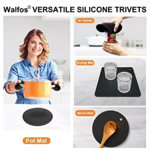 Walfos Silicone Trivet Mats - 4 Heat Resistant Pot Holders, Multipurpose Non-Slip Hot Pads for Kitchen Potholders, Hot Dishers, Jar Opener, Spoon Holder, Food Grade Silicone & BPA Free (Black)