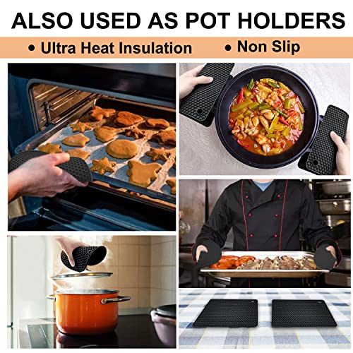 Walfos Silicone Trivet Mats - 4 Heat Resistant Pot Holders, Multipurpose Non-Slip Hot Pads for Kitchen Potholders, Hot Dishers, Jar Opener, Spoon Holder, Food Grade Silicone & BPA Free (Black)