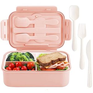 tacgea bento box for kids and adults, lunch box 37oz food storage container with fork & spoon, knife, bpa free, microwave, dishwasher freezer safe (pink)