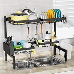 snslxh four baskets (one more than others) large sink rack, 24.8″-35.4″,over the sink dish drying rack, two-tier large sink rack for kitchen, retractable and adjustable, saving kitchen space