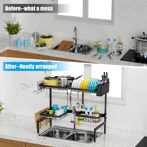 SNSLXH Four Baskets (one More Than Others) Large Sink Rack, 24.8"-35.4",Over The Sink Dish Drying Rack, Two-Tier Large Sink Rack for Kitchen, Retractable and Adjustable, Saving Kitchen Space
