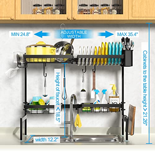 SNSLXH Four Baskets (one More Than Others) Large Sink Rack, 24.8"-35.4",Over The Sink Dish Drying Rack, Two-Tier Large Sink Rack for Kitchen, Retractable and Adjustable, Saving Kitchen Space