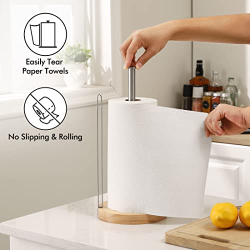 KES Paper Towel Holder Stand for Kitchen Towel Holder Countertop Wooden Base Paper Modern Stainless Steel Brushed Finish, KPH206-2