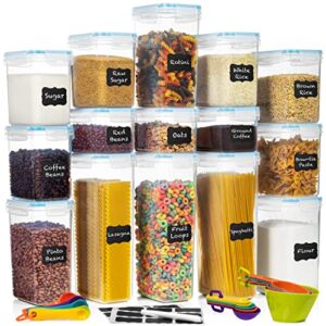 large airtight food storage containers 30 pc with lids i plastic kitchen & pantry organization containers bpa free ideal for spaghetti, flour, rice, oats, cereal & sugar + marker & labels