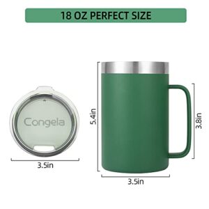 Congela 18oz Premium Stainless steel insulated coffee mug with handle, double wall insulated coffee mug, travel camping cup with Tritan lid, Green color(Forest, 18oz)