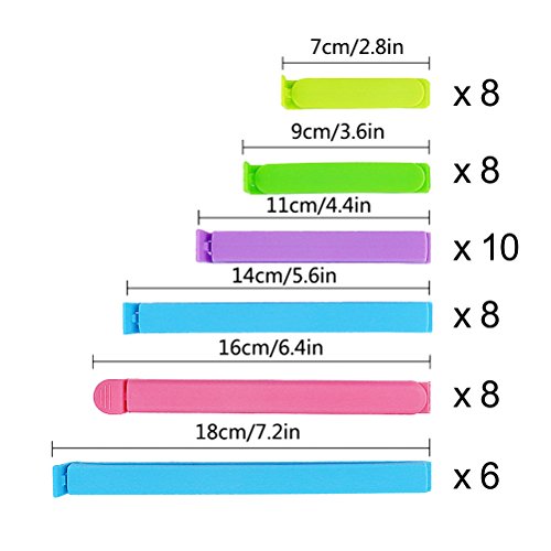 BAKHUK 48pcs Plastic Sealing Clips Bag Clips for Food, Chip Clips Food Clips for Snack Bag in 6 Sizes(2.8in, 3.6in, 4.4in, 5.6in, 6.4in, 7.2in)