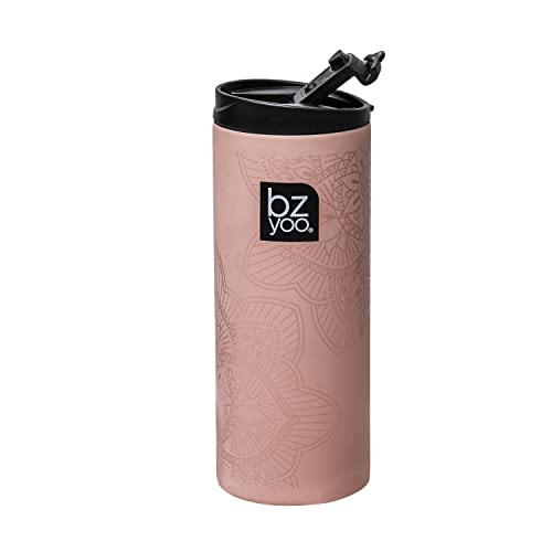 BZYOO Brew 12oz Stainless Vacuum Insulated Skinny Tumbler Coffee Drinking Mug Water Thermal Bottle with Leak Proof Lid for Everyday Use Holiday Gifts (La La Mandala Dusty Pink)