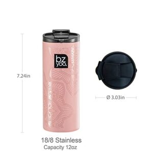 BZYOO Brew 12oz Stainless Vacuum Insulated Skinny Tumbler Coffee Drinking Mug Water Thermal Bottle with Leak Proof Lid for Everyday Use Holiday Gifts (La La Mandala Dusty Pink)