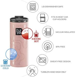 BZYOO Brew 12oz Stainless Vacuum Insulated Skinny Tumbler Coffee Drinking Mug Water Thermal Bottle with Leak Proof Lid for Everyday Use Holiday Gifts (La La Mandala Dusty Pink)