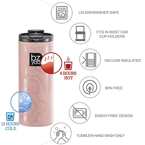 BZYOO Brew 12oz Stainless Vacuum Insulated Skinny Tumbler Coffee Drinking Mug Water Thermal Bottle with Leak Proof Lid for Everyday Use Holiday Gifts (La La Mandala Dusty Pink)